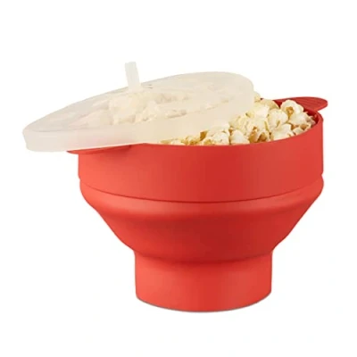 Image of Relaxdays Silicone Microwave Popcorn Maker, Collapsible Popper, No Oil, Red
