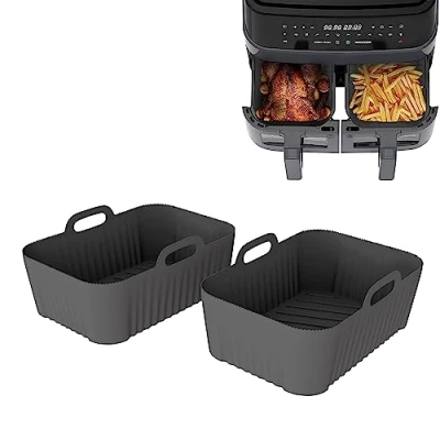 Image of LOBUK 2PCS Silicone Air Fryer liner for Ninjas Dual Fryer, Reusable Double Basket BPA Free Rack Accessories Oven (Rectangle Grey)