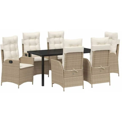 Image of vidaXL 7 Piece Garden Dining Set with Cushions Beige Poly Rattan