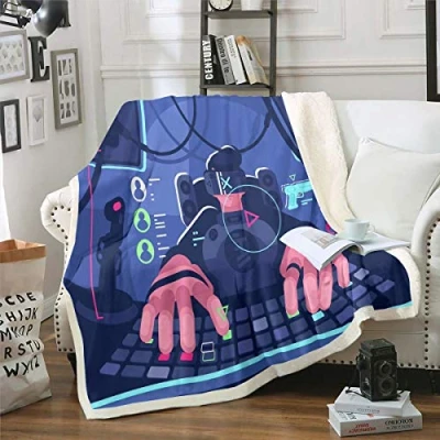Image of Kids Gamer Plush Throw Blanket Video Game Fleece for Sofa Couch Teens Virtual Reality Decor Sherpa Novelty Modern Controller Fuzzy Double 60&quot;x79&quot;