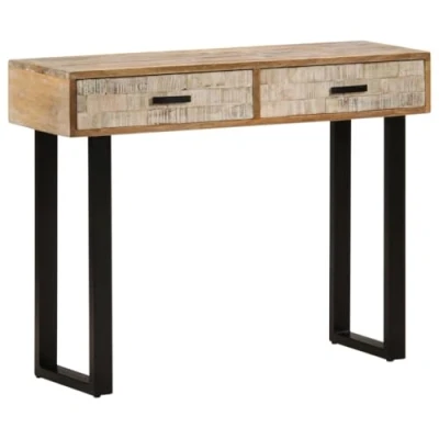 Image of vidaXL Console Table Industrial Style Solid Mango Wood with Iron Box Legs Spacious Storage Drawers and Unique Grain Structure Brown