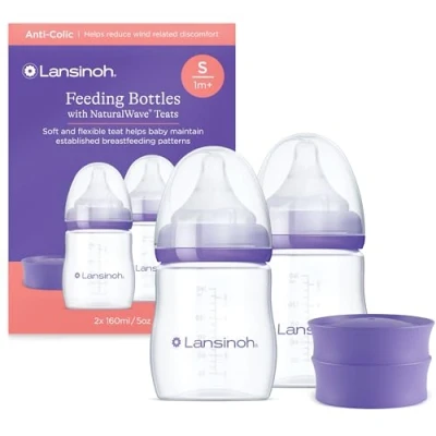 Image of Lansinoh Anti Colic Baby Bottle 2 Pack 160 ml NaturalWave® Teats Reduces Nipple Confusion BPA &amp; BPS Free Breastfeeding Feeding Stackable Lid Fridge Freezer Milk Storage Bottles