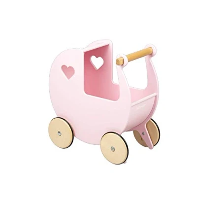 Image of Moover Classic Doll&#039;s Pram for Toddlers, Fully Assembled, Designed in Denmark from Russian Birch Plywood, Push Along Toy, 18 Months+, 44 x 43 24 cm, Baby Pink and Natural Wood