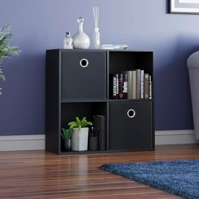 Image of Vida Designs Durham Cube Bookcase Storage Organiser Living Room Bookshelf Home Office Furniture (4 &amp; 2 Black Baskets, Black)