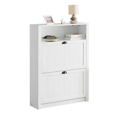 Image of SoBuy FSR87 W, Shoe Cabinet Rack Storage Cupboard Organizer Unit with 1 Compartment and 2 Drawers, 80x24x110cm, White