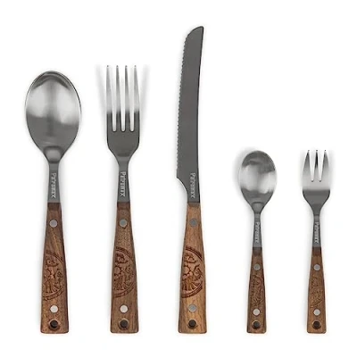 Image of Petromax Camping Cutlery Knife, Fork, Tablespoon, Teaspoon and Snack Fork 5 Piece Set with Stainless Steel Full Core Wooden Handle