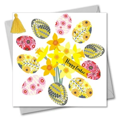 Image of Claire Giles Tassel Embellished Easter Greeting Card, Daffodils and Eggs, Happy