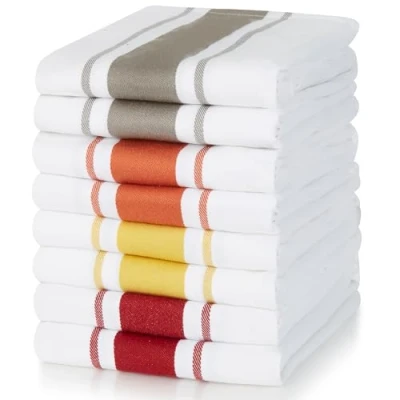 Image of Sticky Toffee 100% Cotton Tea Towel Terracotta, Red, Mustard &amp; Grey Stripe Pattern, Pack of 8 Kitchen Set Absorbent, Strong, Quick Dry Home Bathroom Accessories