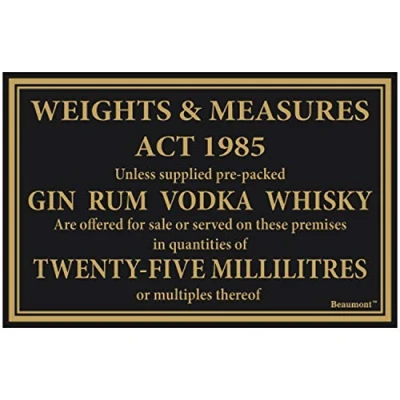 Image of We Can Source It Ltd 25ml Weights and Measures Act Notice Board Sign 1985 Black with Gold Text for Pubs Bars Legal Measure of Gin, Rum, Vodka Whiskey
