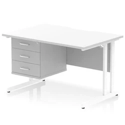 Image of Impulse 1200 x 800mm Scalloped Edge Straight Office Desk White Top Cantilever Leg Workstation 1 3 Drawer Fixed Pedestal