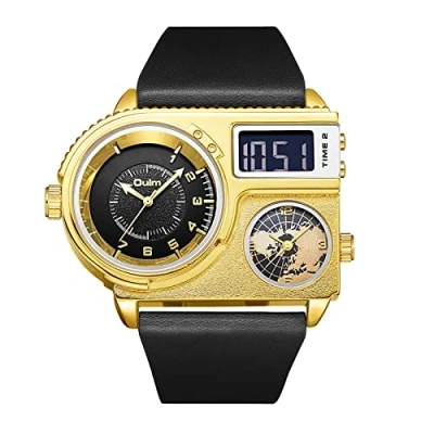 Image of JewelryWe Military Three Time Zone Watch for Men Big Analog Digital Dual Display Dial Quartz Cool Casual Leather Wristwatch