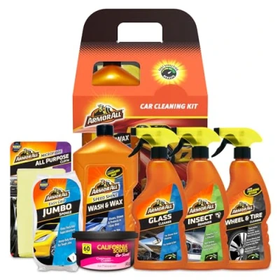Image of Armor All 7 Piece Car Cleaning Kit, Includes Glass Cleaner, Jumbo Sponge, Wash &amp; Wax, California Scents Can Air Freshner, Wheel Tyre Cleaner 500ml, Insect Remover and Microfibre Cloth