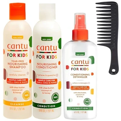 Image of Kids Hair Care Bundle Nourishing Cantu Shampoo &amp; Conditioner Set, Detangler Spray, Wide Tooth Comb and Conditioner, Detangling Spray for Curly