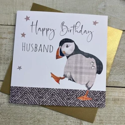 Image of WHITE COTTON CARDS HUSBAND PUFFIN BIRTHDAY CARD, HAND FINISHED (S348 H)