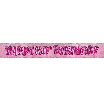 Image of Unique Party 92068 9ft Foil Glitz Pink Happy 80th Birthday Banner