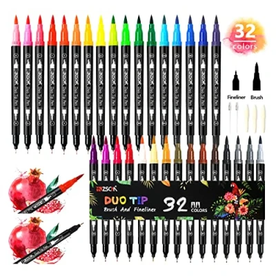 Image of ZSCM 32 Colors Brush Tip Markers, with Watercolor Double Fineliner Pens for Adult Coloring Books, Bullet Journal, Calligraphy and Drawings, Illustrations, Sketches…