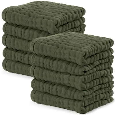 Image of Baby Washcloths, Muslin Cotton Towels, Large 10x10 Wash Cloths Soft on Sensitive Skin, Absorbent for Boys &amp; Girls, Newborn Toddlers Registry Gift (Kelp, 10 Pack, 25 X CM)