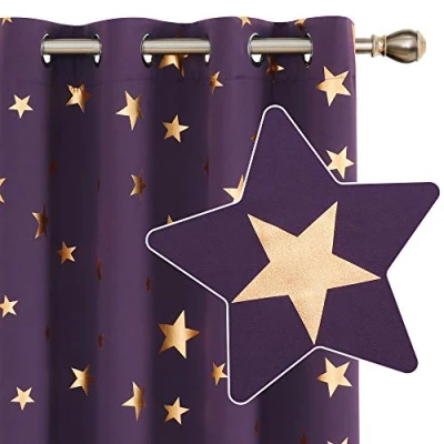 Image of Deconovo Blackout Eyelet Curtains, Thermal Insulated Noise Reducing Gold Star Foil Printed Curtains for Living Room, 52 x 63 Inch(Width Length), Purple Grape, 2 Panels