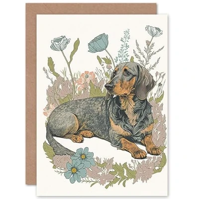 Image of Artery8 Dachshund Dog Lying in Flower Field Pastel Watercolour Illustration Art Birthday Sealed Greeting Card Plus Envelope Blank inside