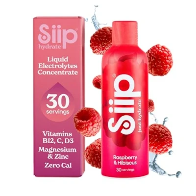 Image of Siip Hydrate Liquid Electrolytes &amp; Vitamins, Makes 30 Drinks, with Vitamin B12, C, D3, Magnesium, Zinc, Raspberry Hibiscus Flavour