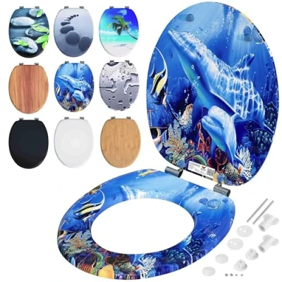 Image of CASARIA® Dolphin Design Double Soft Close Toilet Seat MDF Wood Core Hygienic Stainless Steel Hinges 175kg Capacity Wooden Bathroom Standard D Shape Slow Top Lid Seats