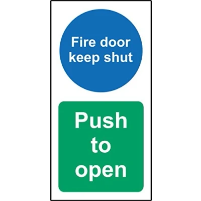 Image of Fire door keep shut Push to open Safety sign Self adhesive sticker 200mm x 100mm