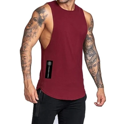 Image of Men&#039;s Sleeveless Drop Arm Round Neck Muscle Stringer Vest Cut Open Gym Training Bodybuilding Tank Top,WineRed,L