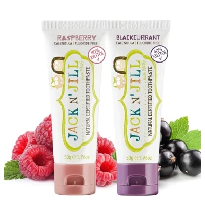 Image of Jack N&#039; Jill Natural Certified Toothpaste Baby &amp; Toddler Toothpaste, Fluoride Free, 40% Xylitol, Safe for 6 Months Up, Makes Brushing Fun, Organic Blackcurrant Raspberry Flavours, 2 x 50g