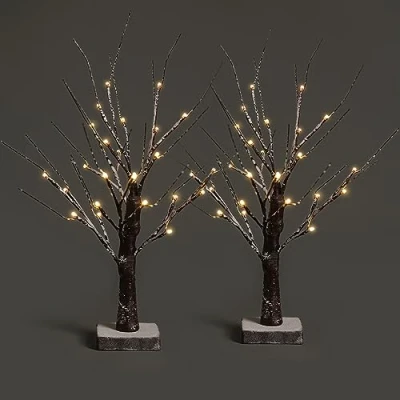 Image of NETTA Set of 2 Twig Birch Tree Snow Effect with Lights Christmas Ornament Pre Lit 24 Warm White LEDs Battery Powered Tabletop Decoration (60cm/2ft) Brown