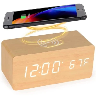 Image of Wooden Digital Alarm Clock with Wireless Charging Station, 5 W Fast Charger for iPhone/Samsung Galaxy, without Ticking, Bedroom, Home, Office