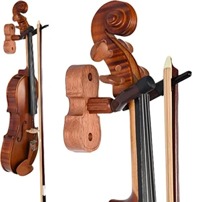 Image of PW TOOLS Wall Mount Violin Hanger Hook, 2Packs Guitar Hooks for Wall, Mahogany Wood Holder Stand, Cello Viola Ukulele String Instrument Accessories