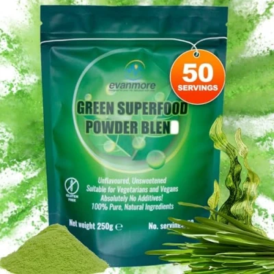 Image of Super Greens Powder Blend Vitamin Mineral Nutrient Rich Immune System &amp; Energy Boost Vegan Vegetarian Superfoods Supplement Alkaline 100% Natural Gluten Free Detox 250g 50 Servings, Evanmore