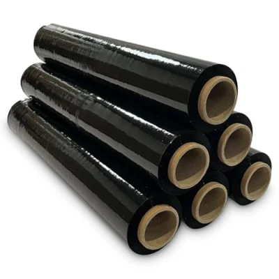 Image of JeeJaan® 6 Rolls Black Pallet Wrap 400mm x 250m 20mu Tear Resistant Stretch Film Water &amp; Moisture Proof Shrink Multi Use Strong