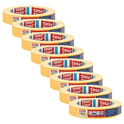 Image of tesa Precision Masking Tape 4344 Standard Pack of 8 Professional with Thin Paper Backing for Precise and Covering Orange 50 m x 19 mm Each