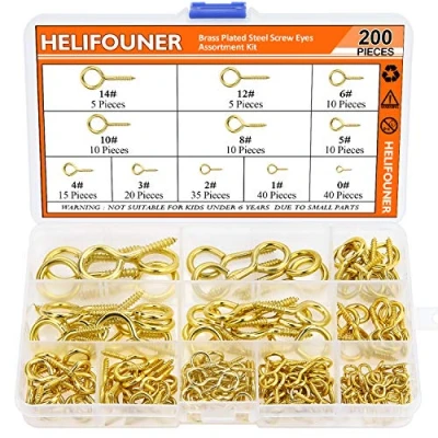 Image of HELIFOUNER 200 Pieces 11 Sizes Brass Plated Steel Screw Eyes Assortment Kit