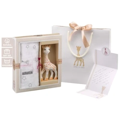 Image of Sophie la girafe Sophiesticated Original Teether with Cotton Blanket Swaddle Gift Set, 100% Natural Rubber Baby Teething Toy, Box Set Bag and Card