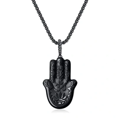 Image of COAI Stainless Steel Chain Hamsa Hand Black Obsidian Crystal Necklace 50cm