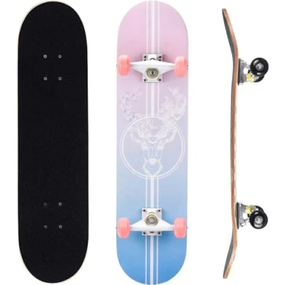 Image of ERNAN Complete Skateboard for Beginners,31 x 8 Inch Double Kick Kids Teenagers &amp; Adults. with Skate T Tool. (Pink Deer)