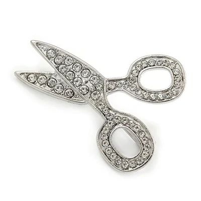 Image of Avalaya Small Clear Crystal Scissors Brooch in Rhodium Plated Metal 35mm L