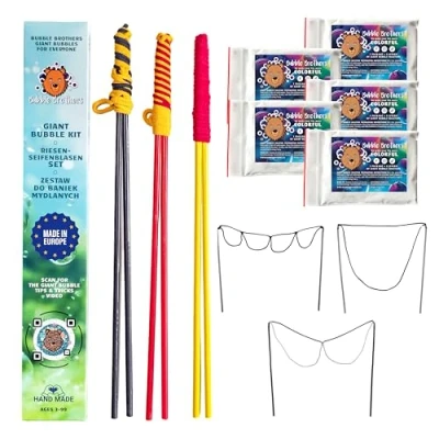 Image of Bubble Brothers Giant Kit For Kids 3 Wands and 25 Liters Solution Big Bubbles Set with Mixture Strong Mix Wooden Garden Toys