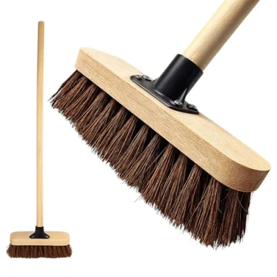 Image of 10 Garden Broom Outdoor with Wooden Handle Natural Stiff Bassine Hard Bristle Durable Support Bracket Yard Brush Heavy Duty Sweeping (Pack of 1)