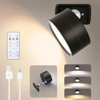 Image of Battery Operated Wall Light, Rechargeable Magnetic LED lamp, Reading Light with 360 Rotations, 3 Color Modes, Touch Control, Wireless Sconces for Bedroom Bedside(Black)