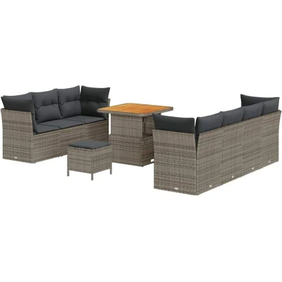 Image of vidaXL 10 Piece Garden Sofa Set with Cushions Grey Poly Rattan Acacia