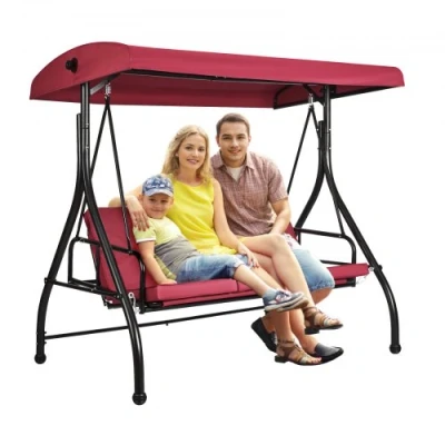 Image of VEVOR 3 Seat Patio Swing Chair, Converting Canopy Swing, Outdoor Porch with Adjustable Canopy, Removable Thick Cushion and Alloy Steel Frame, for Balcony, Backyard, Poolside, Burgundy
