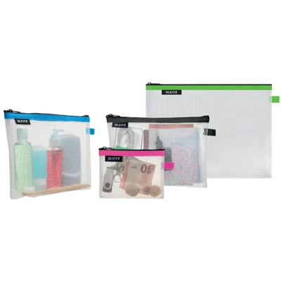 Image of Leitz Set of 4 Wow Travel Pouches, Water Resistant, Translucent, Ideal for Visible Storage and Organisation, Sizes: Small (A6), Medium (A5), Large (A4) Cosmetic Assorted Colours 40160099