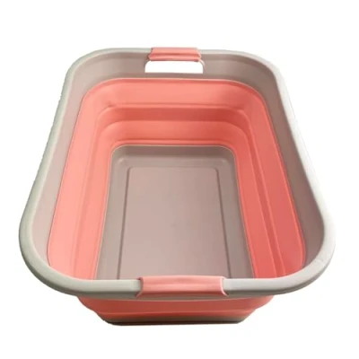 Image of SAMMART 41L Collapsible Plastic Laundry Basket Foldable Pop Up Storage Container/Organizer Portable Washing Tub Space Saving Hamper, Water capacity 32L (Grey/Quartz Pink)