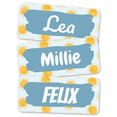 Image of melu kids® Name Labels for Clothes &amp; Items (100 Pieces) Personalised and Washable Kids Stickers, Stick on Tags (Sun)