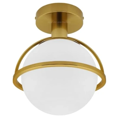 Image of Antique Brass Ceiling Light Opal Globe Lamp Shade Semi Flush Mount Frosted Glass H3140