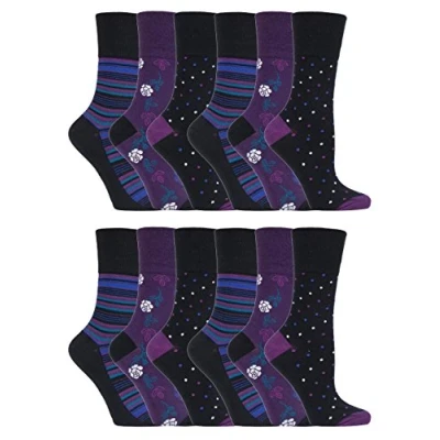 Image of Gentle Grip 12 pack ladies patterned wide top socks in 20 styles (GG138)