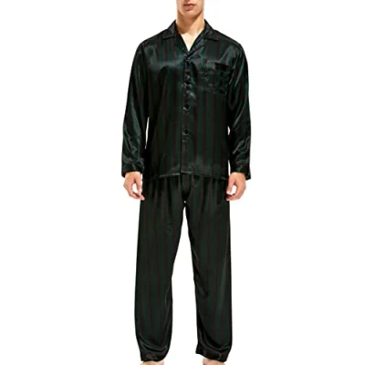 Image of Men&#039;s Pyjama Set, Satin Sleepwear, Long Sleeves, Loungewear, Green wine red stripes, XL